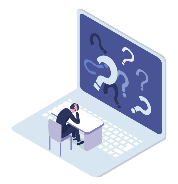 パソコンの前で頭を抱える男性のイラスト